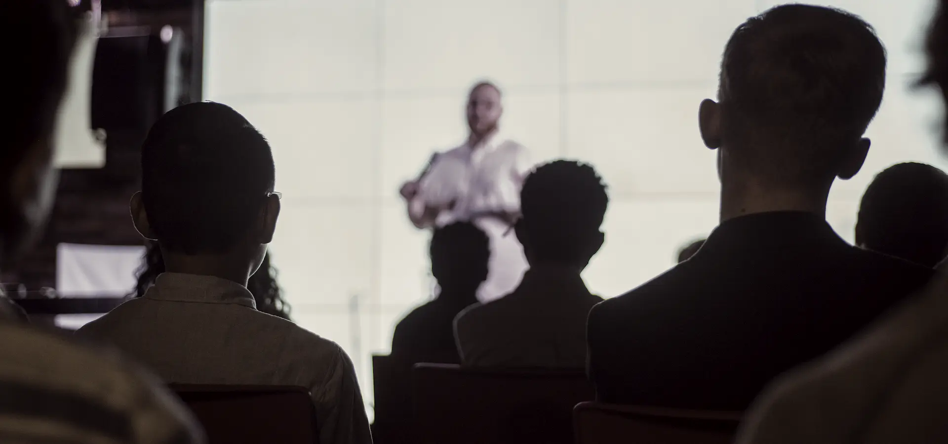 Audience seen from behind, watching a speaker in front of a bright screen
